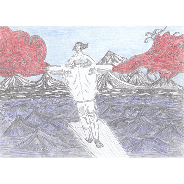 Bietet viele Möglichkeiten der Interpretation. Ein intensives Bild im starken Kontrast zwischen Rot und Blau. An einem Mann ohne Kopf hängt eine Frau und geht mit ihm über Bord.